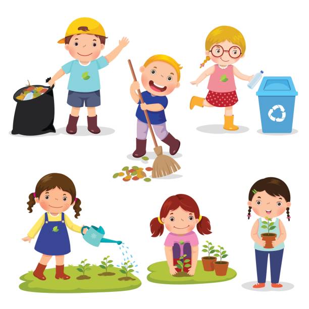 Set of cute kids volunteers Set of cute kids volunteers. Save Earth. Waste recycling. Girls planted and watering young trees. Kids gathering garbage and plastic waste for recycling. school cleaning stock illustrations
