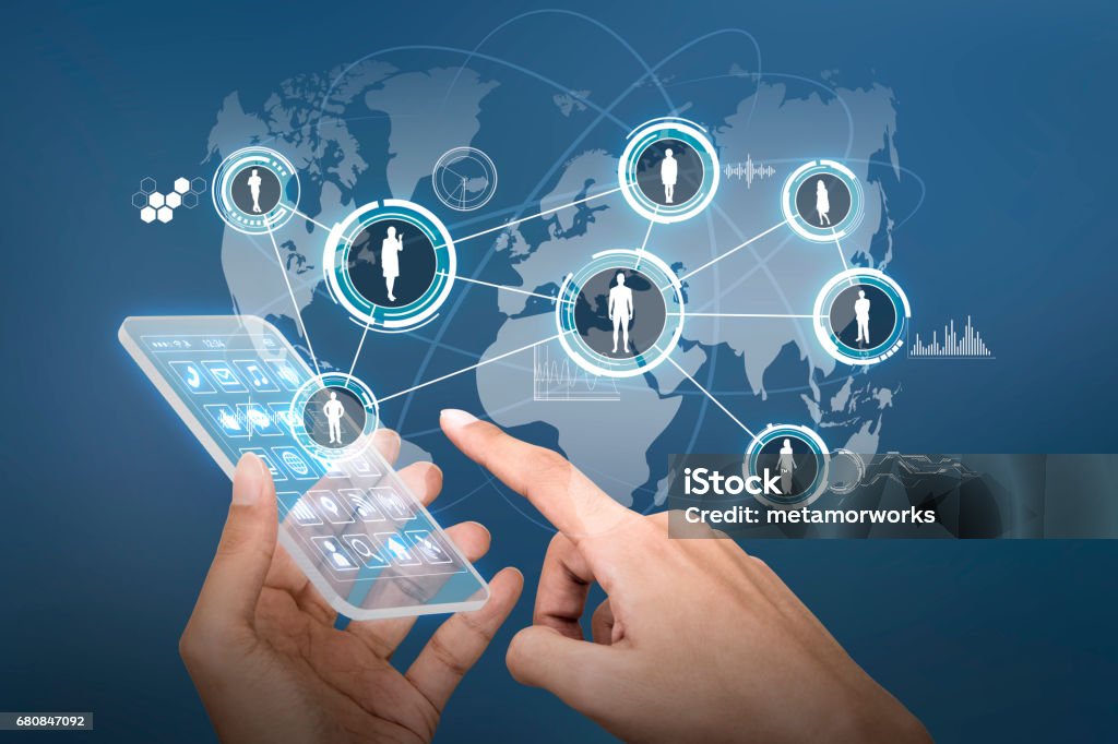 futuristic smart phone and connection of world people, abstract image visual Blockchain Stock Photo