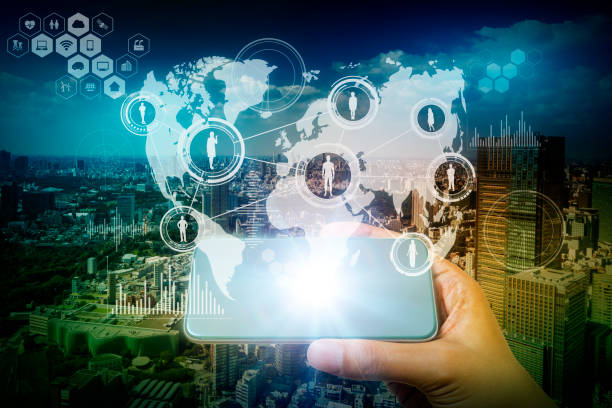 istock worldwide communication network concept, modern cityscape and smart phone, abstract image visual 680847250