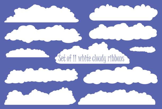 White fluffy cloud ribbon set, white ribbons from clouds White fluffy cloud ribbon set, white ribbons from clouds for wedding or baby shower, invitation design with clouds, cartoon clouds clipart, collection of ribbons white clouds, heaven white clouds set cumulus clouds drawing stock illustrations