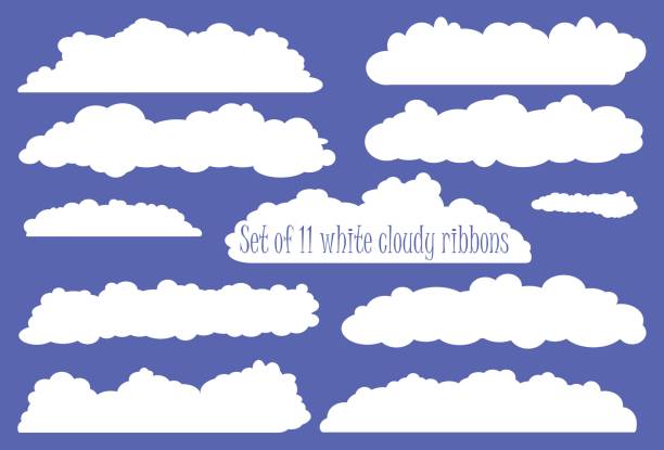 White fluffy cloud ribbon set, white ribbons from clouds White fluffy cloud ribbon set, white ribbons from clouds for wedding or baby shower, invitation design with clouds, cartoon clouds clipart, collection of ribbons white clouds, heaven white clouds set clip art of balloon outline stock illustrations