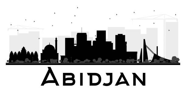 Abidjan City skyline black and white silhouette. Abidjan City skyline black and white silhouette. Vector illustration. Simple flat concept for tourism presentation, banner, placard or web site. Cityscape with landmarks. ivory coast landscape stock illustrations