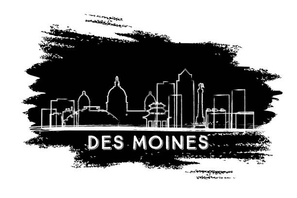 Des Moines Skyline Silhouette. Hand Drawn Sketch. Des Moines Skyline Silhouette. Hand Drawn Sketch. Business Travel and Tourism Concept with Historic Architecture. Image for Presentation Banner Placard and Web Site. Vector Illustration. des moines silhouette stock illustrations