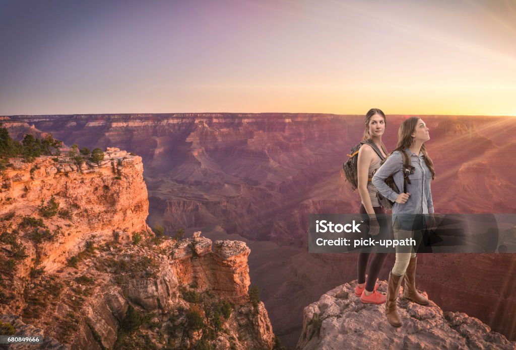 Friends Hiking South Rim Grand Canyon HDR photo Grand Canyon Stock Photo