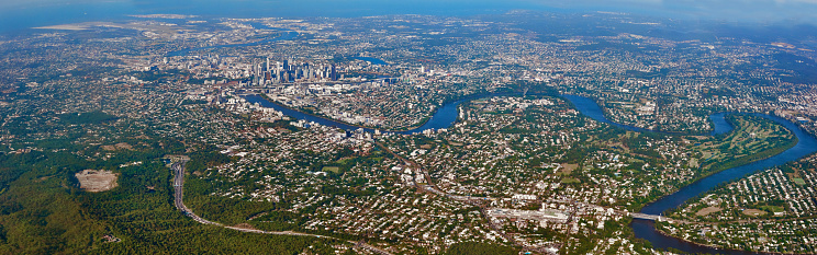 Aerial panoramic view of Brisbane CBD, Australia
