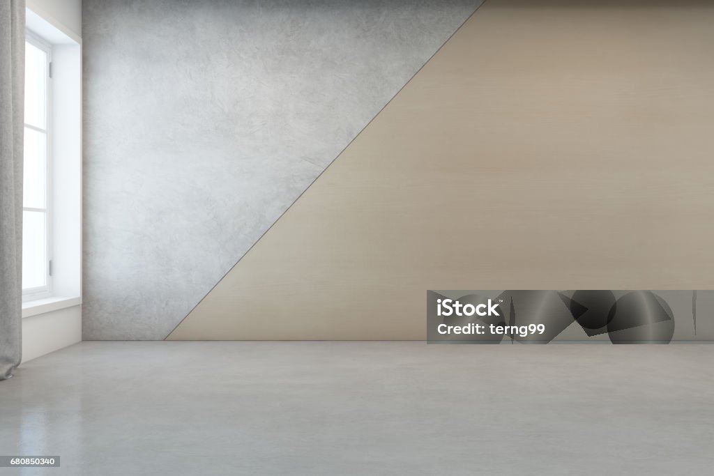 Empty room with white concrete floor and wooden wall background in modern house 3D rendering of interior without furniture Wall - Building Feature Stock Photo