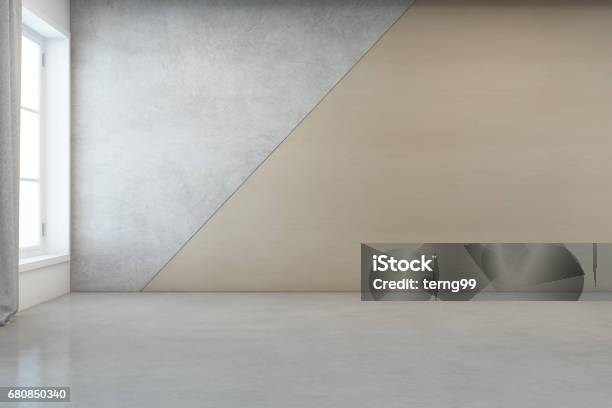 Empty Room With White Concrete Floor And Wooden Wall Background In Modern House Stock Photo - Download Image Now