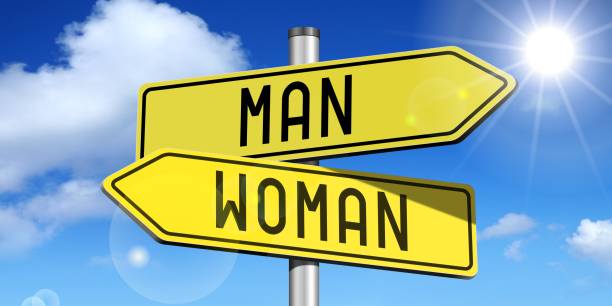 istock Man, woman - yellow road-sign 680852134