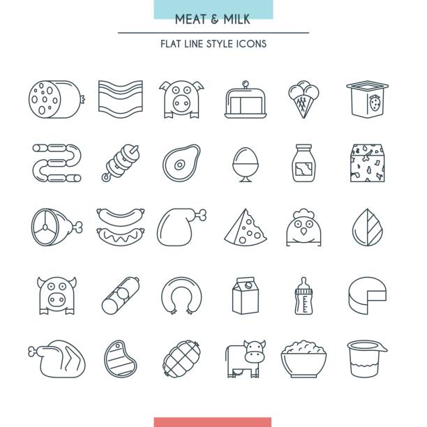 Meat and milk thin line icons set Meat and milk thin line icons set. Vector Illustration cottage cheese stock illustrations