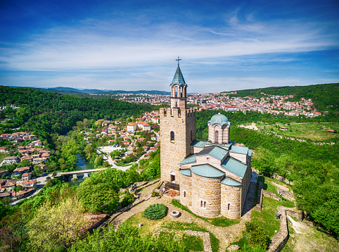 View at the bell towers and church of the Catholic Maria Laach Abbey near Glees in Germany. The abbey dates back to the year1100 and is now a monastery of the Benedictine Confederation.