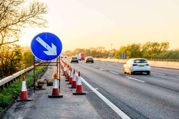 istock Evening view UK Motorway Services Roadworks Cones 680866610