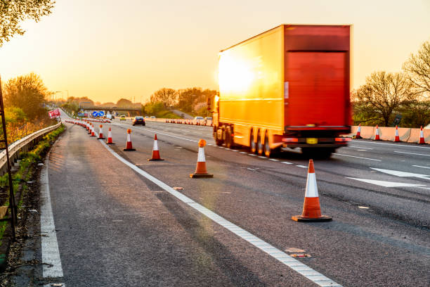 istock Evening view UK Motorway Services Roadworks Cones 680867220