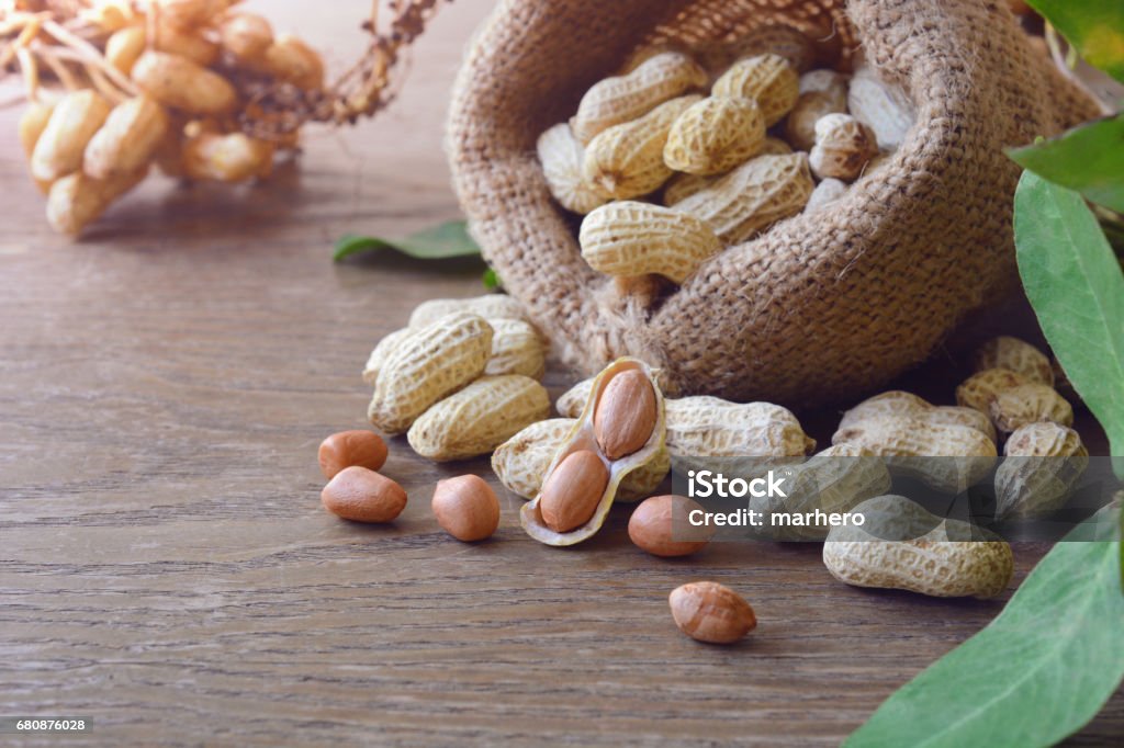 peanuts peanuts in shells with fresh groundnut and leaf in the background. Peanut - Food Stock Photo