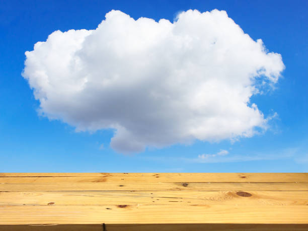 istock Empty wooden table space platform and blurred Cloud in the sky background for product display montage 680882132