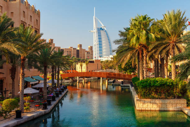 stadtbild mit schöner park mit palmen in dubai, vereinigte arabische emirate - dubai stock-fotos und bilder