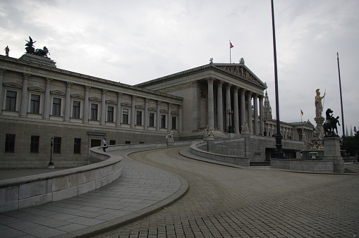 The Austrian Parliament Building is located on the Ringstraße boulevard, in Vienna, Austria. It is where the two houses of the Austrian Parliament conduct their parliamentary sessions. Picture taken on May 26, 2015.