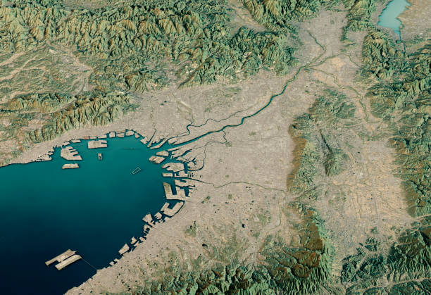 osaka rendu 3d satellite vue carte topographique horizontal - région de kinki photos et images de collection