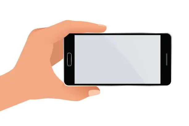 Vector illustration of Male hand holding a phone with blank screen. Flat Isolated illustration on white background