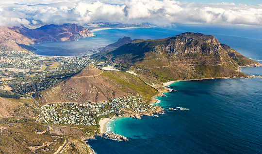 Overall aerial view of Cape Peninsula, South Africa from the helicopter. View to the Cape of Good Hope.