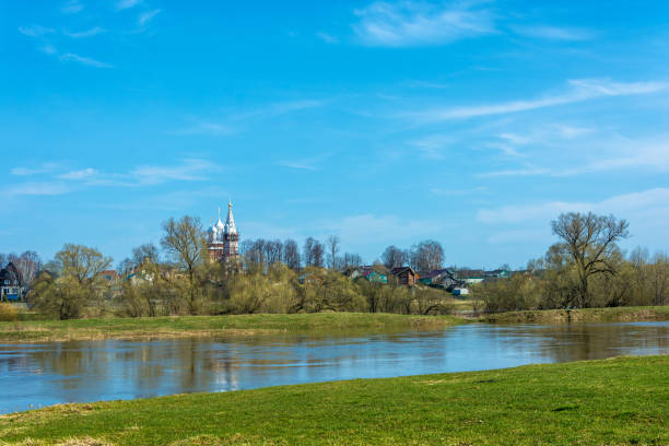 Rural landscape on the river Teza, village of Dunilovo, Ivanovo oblast, Russia. Rural landscape on the river Teza in the spring Sunny day, village of Dunilovo, Ivanovo oblast, Russia. ivanovo oblast photos stock pictures, royalty-free photos & images