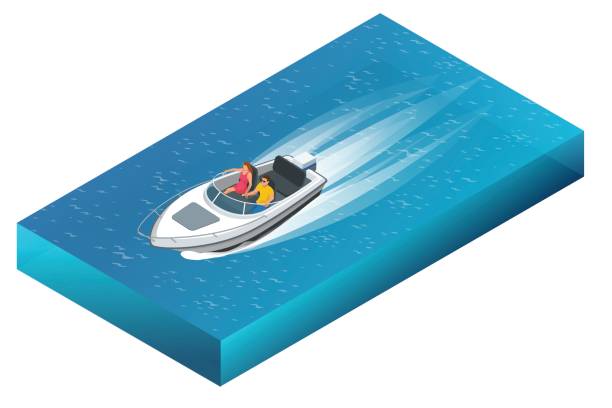 ilustrações de stock, clip art, desenhos animados e ícones de a luxurious powerboat with man and woman cruising through beautiful blue waters. flat 3d vector isometric illustration - nautical vessel motorboating motorboat fun