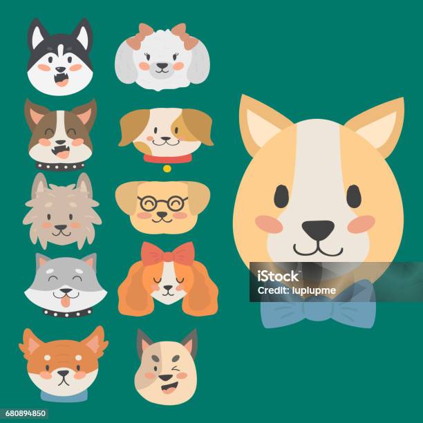 Funny Cartoon Dog Character Heads Bread Cartoon Puppy Friendly Adorable Canine Vector Illustration Stock Illustration - Download Image Now