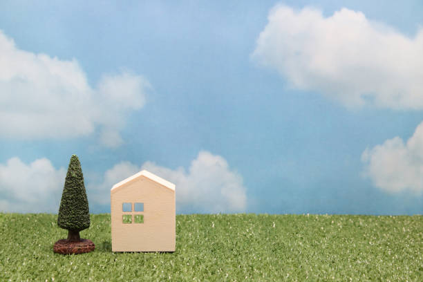 istock House on green grass over blue sky and clouds. 680898828