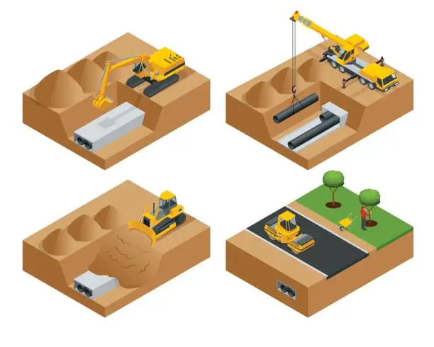 Vector illustration of Removing the asphalt road damaged during a water main failure. Laying of new pipes. Road repair concept. Flat 3d vector isometric illustration.