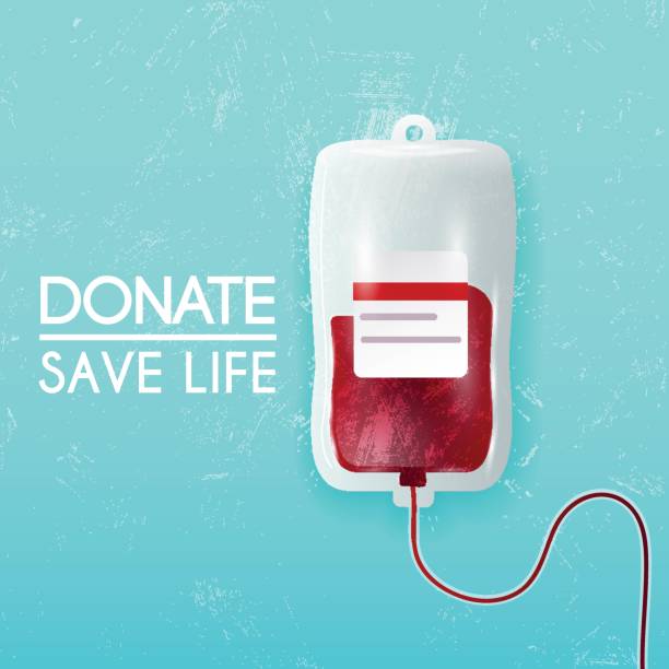 пожертвуйте мешок крови на синем фоне. векторная 3d иллюстрация. - blood bank stock illustrations