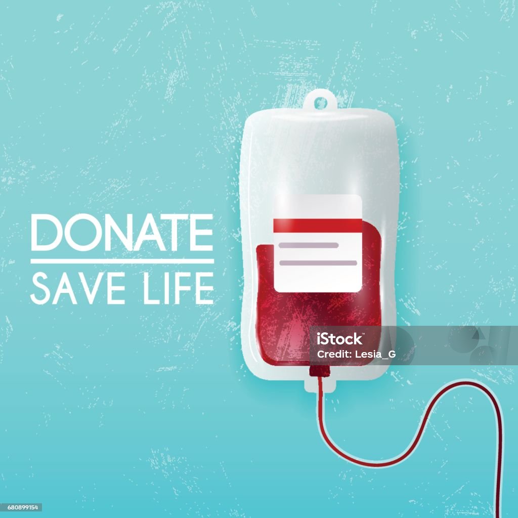 Donate blood bag on blue background. Vector 3d illustration. Blood Donation stock vector