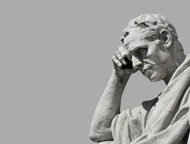 Thinking Man statue Julian the jurist statue in the act of thinking, from Old Palace of Justice in Rome (Black and White with copy space) genius stock pictures, royalty-free photos & images