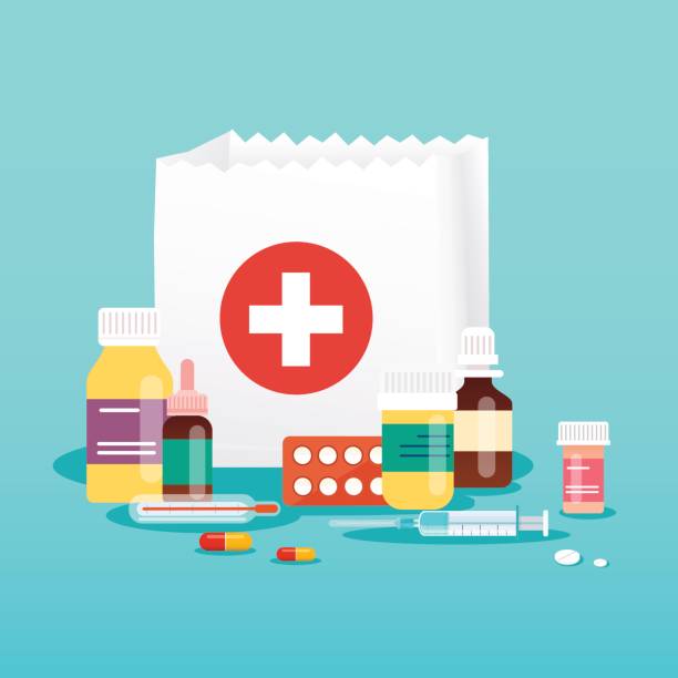 illustrazioni stock, clip art, cartoni animati e icone di tendenza di borsa della spesa con pillole mediche e bottiglie. concetto medico. design piatto stile moderno concetto di illustrazione vettoriale. - prescription medicine