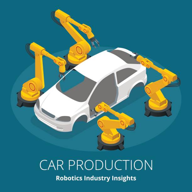 자동차 제조업체 또는 자동차 생산 개념입니다. 로봇 산업 통찰력입니다. 자동차 및 전자 로봇 사용에 대 한 최고의 산업 분야는. 평면 3 차원 벡터 분해 그림 - industry close up manufacturing car stock illustrations