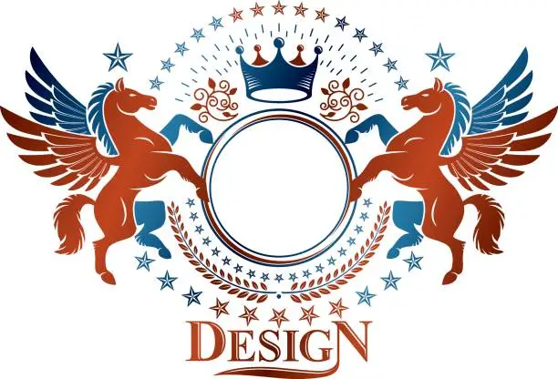 Vector illustration of Graphic vintage emblem composed with winged Pegasus ancient animal element, royal crown and pentagonal stars. Heraldic vector design element. Retro style label, heraldry logo.