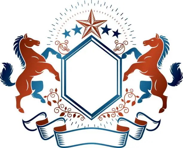 Vector illustration of Graphic symbol created using wild horse animal element and pentagonal stars. Heraldic vector design element. Retro style label, heraldry logo.