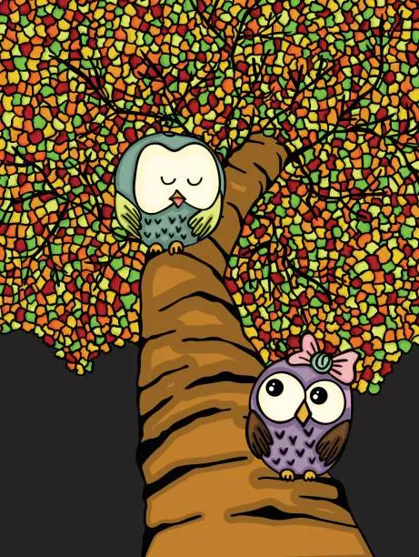 Vector illustration of Couple owls on colorful tree
