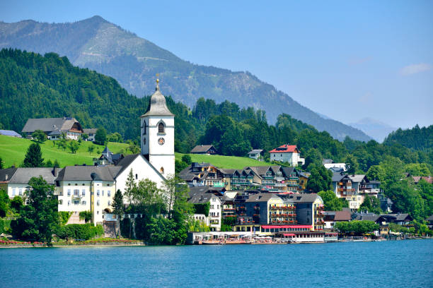 On a boat trip on lake Wolfgangsee, Austria, Europe. View of St. Gilgen.