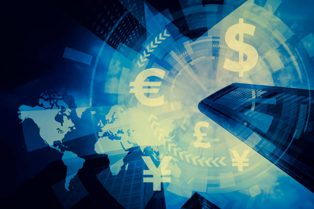 フィンテック、金融テクノロジーと世界経済、抽象的なイメージを視覚的 - currency exchange currency euro symbol european union currency ストックフォトと画像