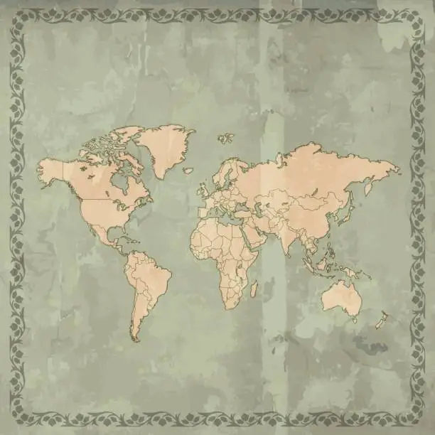 Vector illustration of World map teal grunge retro style on wooden background