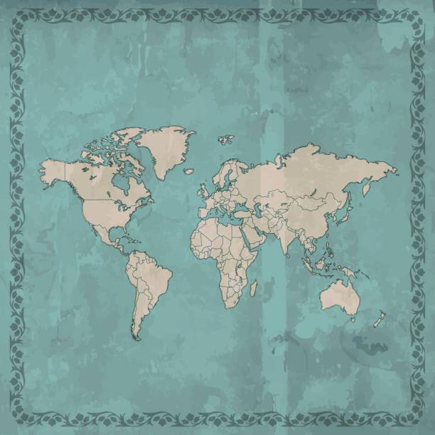 istock World map cyan grunge retro style on wooden background 680910044