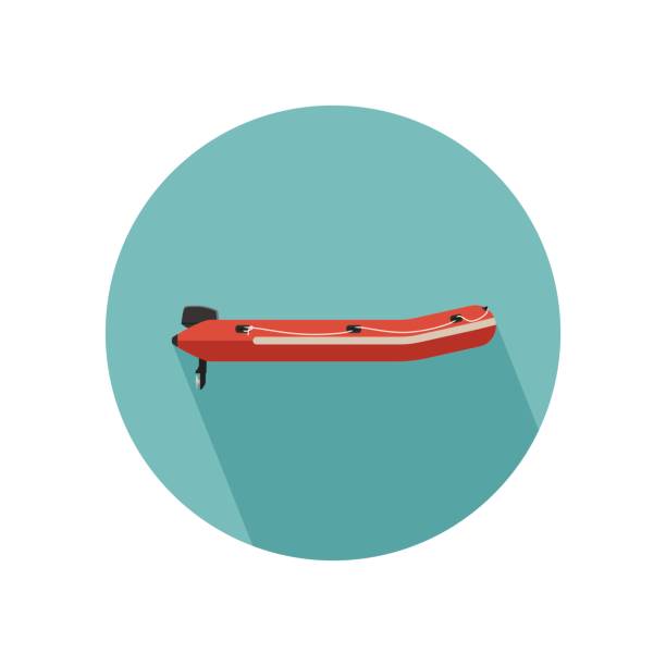 Inflatable red boat Inflatable red boat with long shadow. Vector flat icon of motor lifeboat. extreem weer stock illustrations