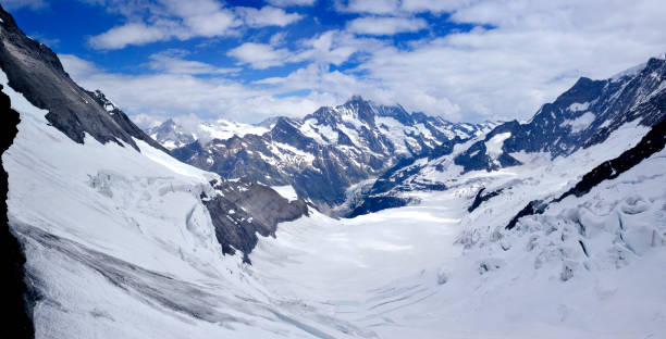 Aletsch glacier panoramic and majestic mountain peaks at winter, Alps, Switzerland.