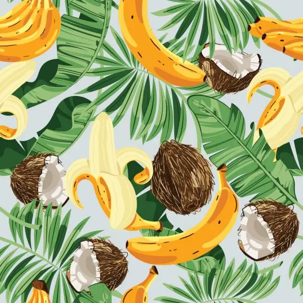 Vector illustration of Seamless pattern with banana leaves, bananas and coconuts. Vector illustration.