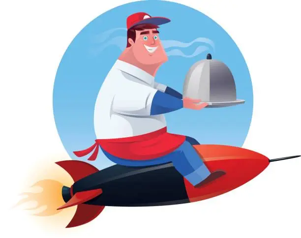 Vector illustration of waiter with domed tray riding rocket