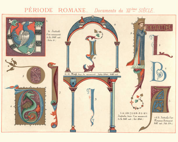Examples of Medieval Romanesque Decorative Design 12th Century Vintage colour lithograph of Examples of Medieval Romanesque Decorative Design 12th Century decorative art stock illustrations
