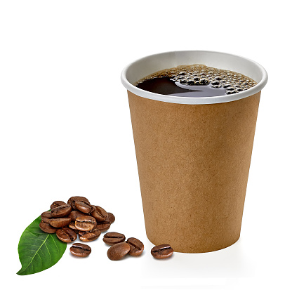 Take away coffee cup with beans and leaf on white background