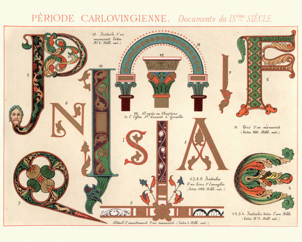illustrations, cliparts, dessins animés et icônes de exemples de design décoratif carolingien du ixe siècle - letter n alphabet calligraphy text