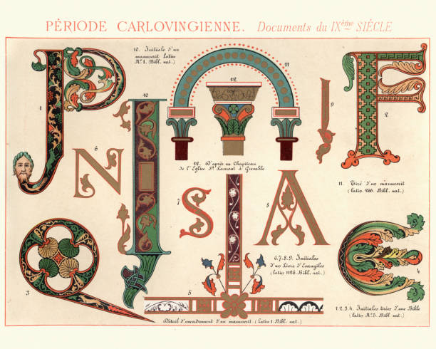 przykłady karolingian decorative design 9th century - romanesque stock illustrations