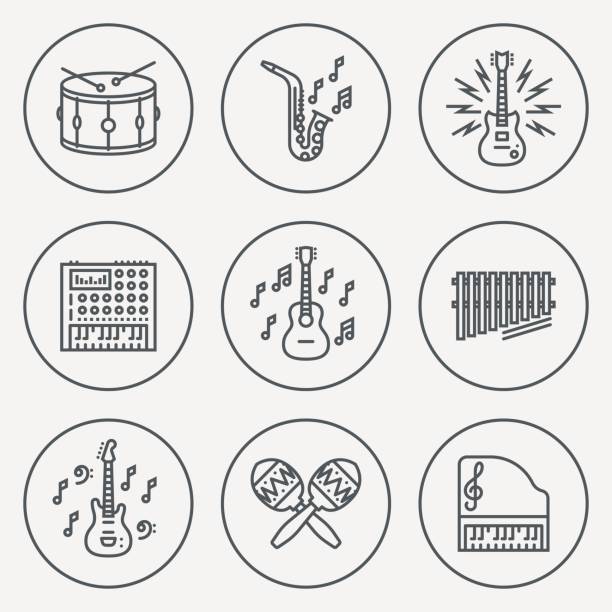 Assorted Musical Instruments. Line Design Circle Icon Set. Vector Illustrations. Assorted Musical Instruments. Line Design Circle Icon Set. Vector Illustrations. snare drum stock illustrations