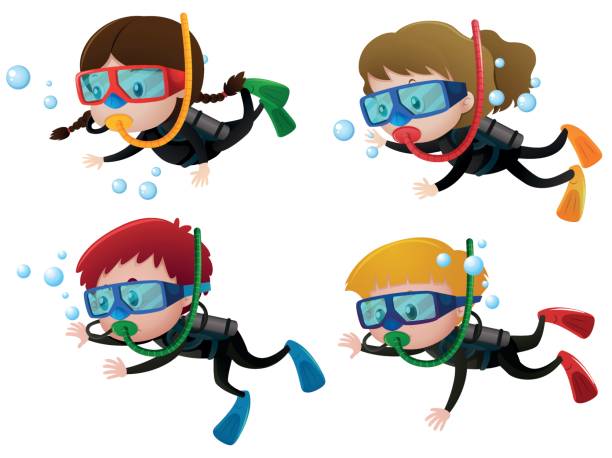 Four kids scuba diving underwater Four kids scuba diving underwater illustration cartoon of a swimming goggles stock illustrations